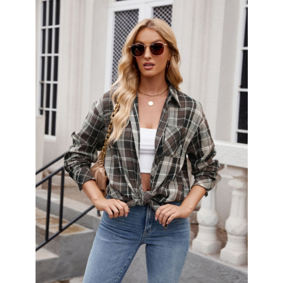Pocketed Plaid Collared Neck Long Sleeve Shirt Coffee Brown / S Apparel and Accessories
