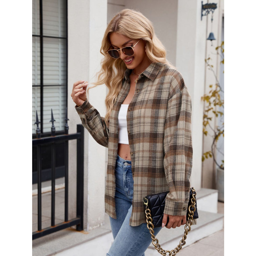 Pocketed Plaid Collared Neck Long Sleeve Shirt Coffee Brown / S Apparel and Accessories