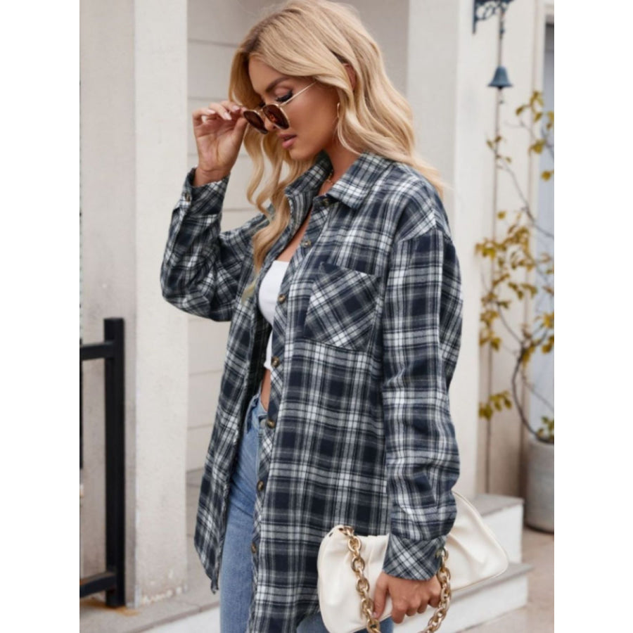 Pocketed Plaid Collared Neck Long Sleeve Shirt Dark Navy / S Apparel and Accessories