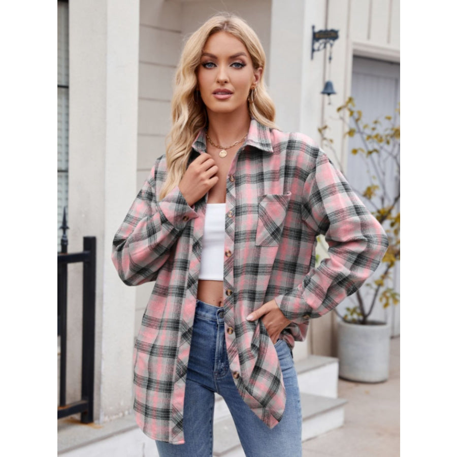 Pocketed Plaid Collared Neck Long Sleeve Shirt Dusty Pink / S Apparel and Accessories