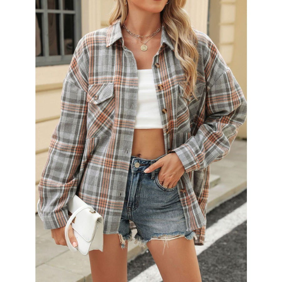 Pocketed Plaid Collared Neck Long Sleeve Shirt Gray / S Apparel and Accessories