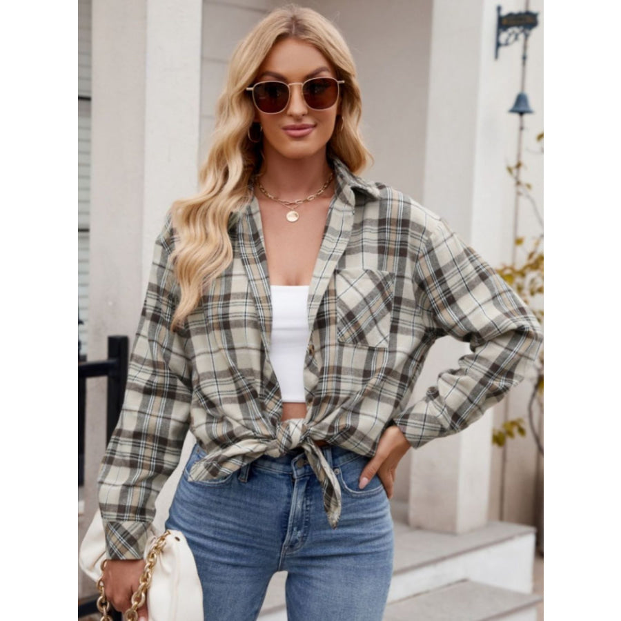 Pocketed Plaid Collared Neck Long Sleeve Shirt Khaki / S Apparel and Accessories