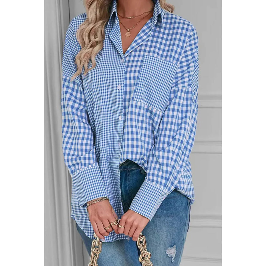 Pocketed Plaid Collared Neck Long Sleeve Shirt Light Blue / S Apparel and Accessories