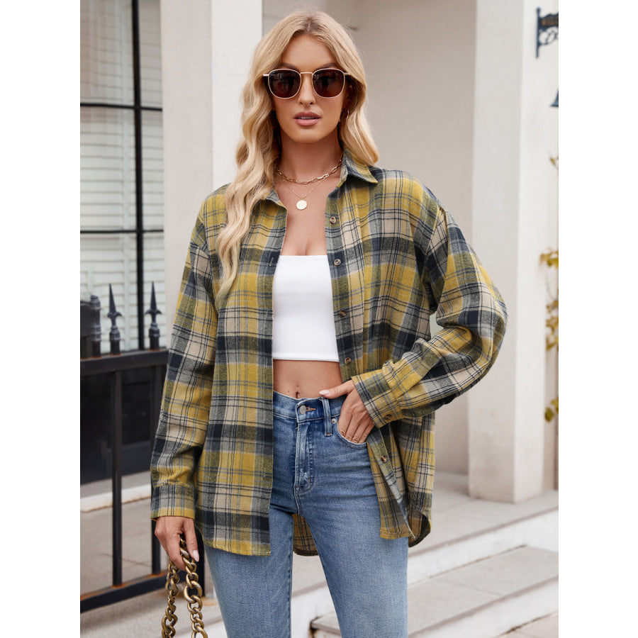 Pocketed Plaid Collared Neck Long Sleeve Shirt Mustard / S Apparel and Accessories