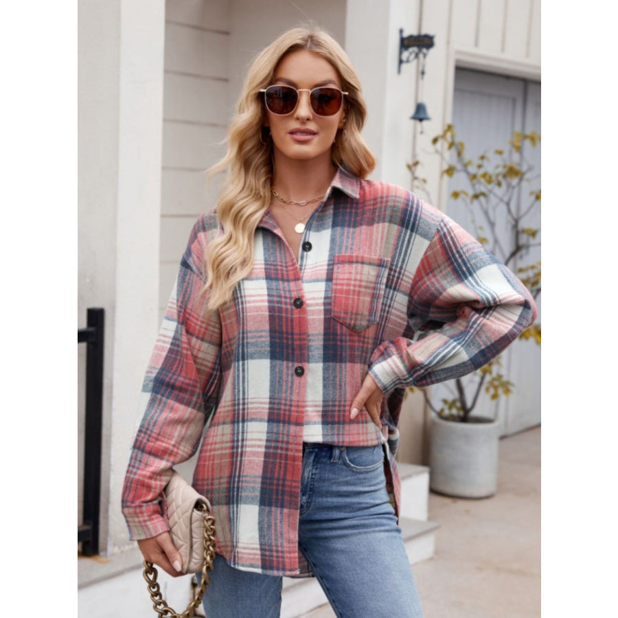 Pocketed Plaid Collared Neck Long Sleeve Shirt Orange-Red / S Apparel and Accessories