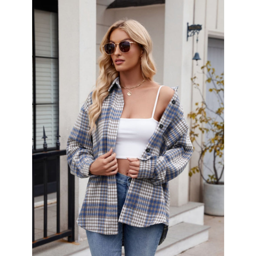 Pocketed Plaid Collared Neck Long Sleeve Shirt Peacock Blue / S Apparel and Accessories
