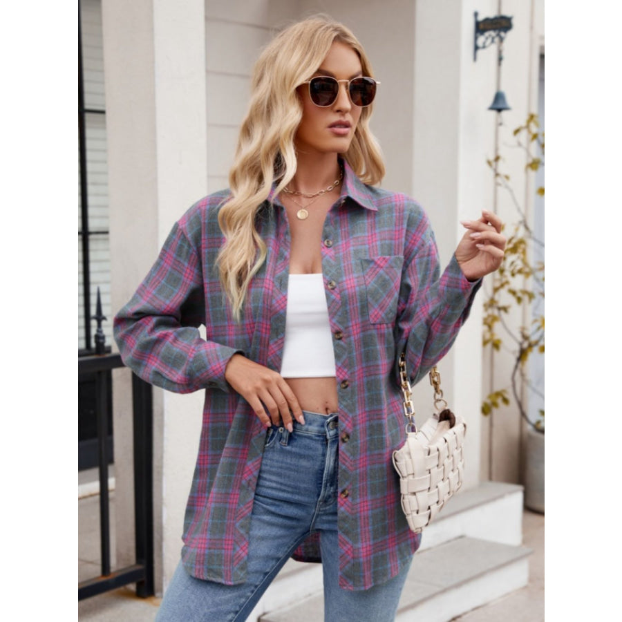 Pocketed Plaid Collared Neck Long Sleeve Shirt Red-Violet / S Apparel and Accessories