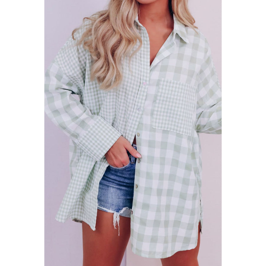 Pocketed Plaid Collared Neck Long Sleeve Shirt Sage / S Apparel and Accessories