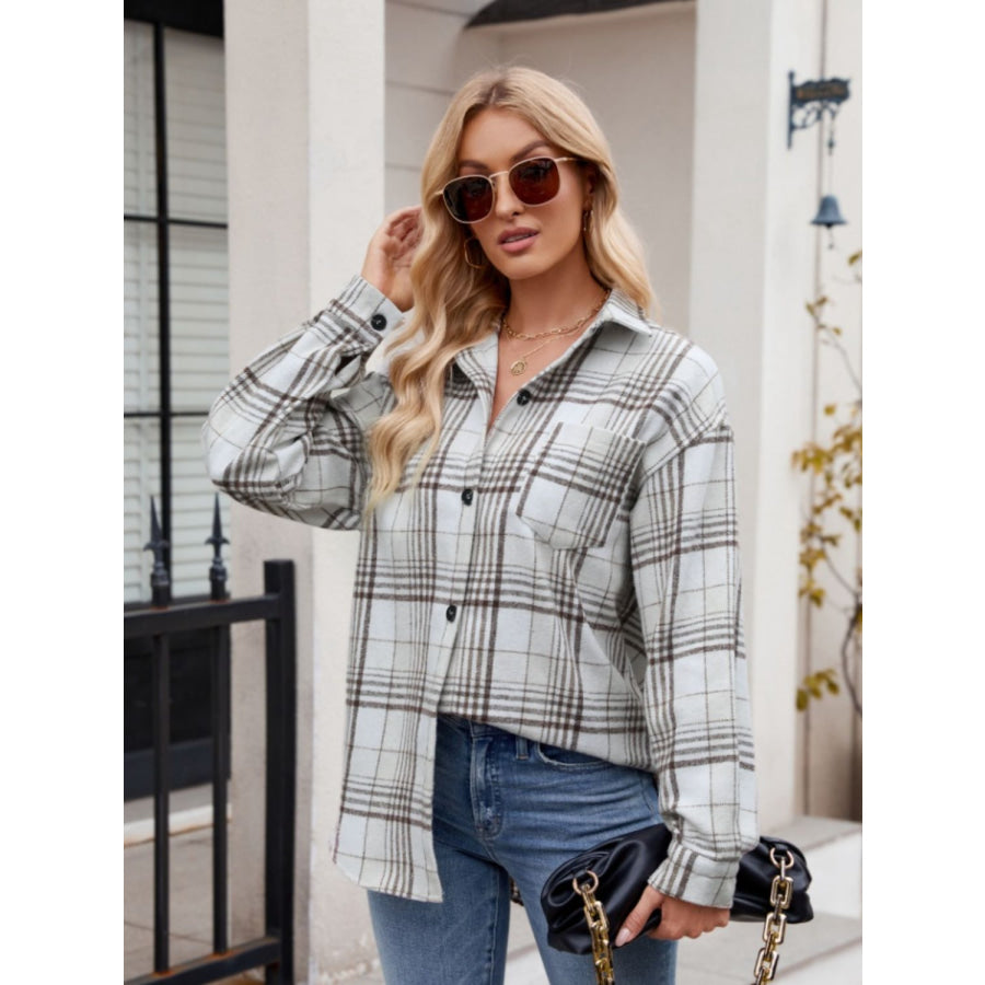 Pocketed Plaid Collared Neck Long Sleeve Shirt White / S Apparel and Accessories