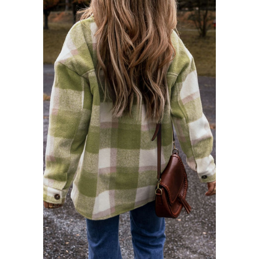 Pocketed Plaid Collared Neck Shacket Apparel and Accessories