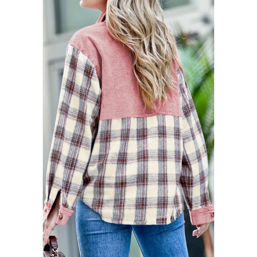 Pocketed Plaid Collared Neck Shacket Apparel and Accessories