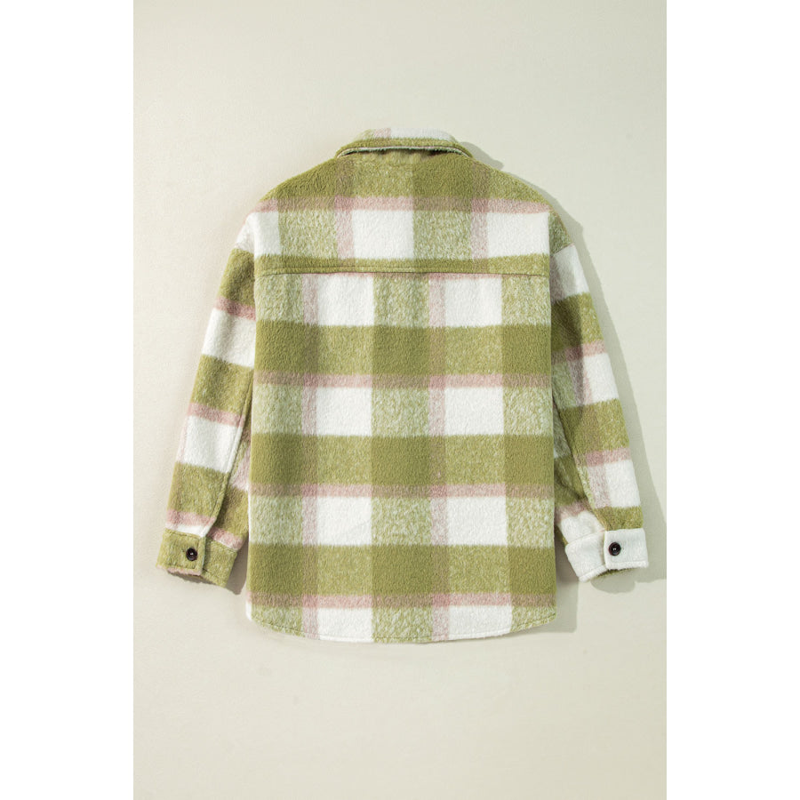 Pocketed Plaid Collared Neck Shacket Apparel and Accessories