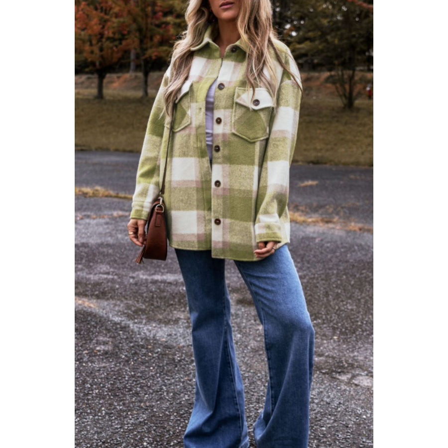 Pocketed Plaid Collared Neck Shacket Apparel and Accessories