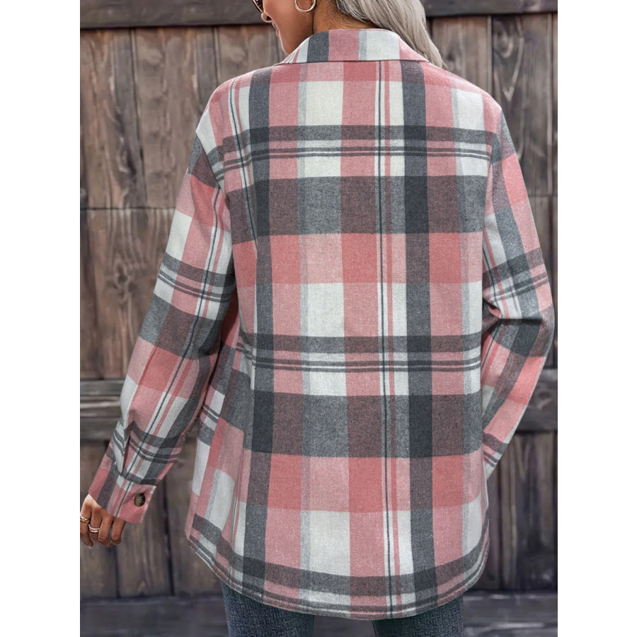 Pocketed Plaid Collared Neck Shacket Apparel and Accessories