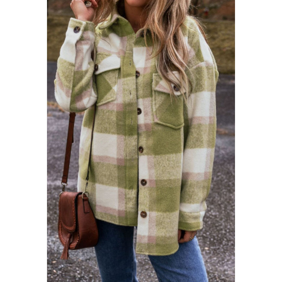 Pocketed Plaid Collared Neck Shacket Apparel and Accessories