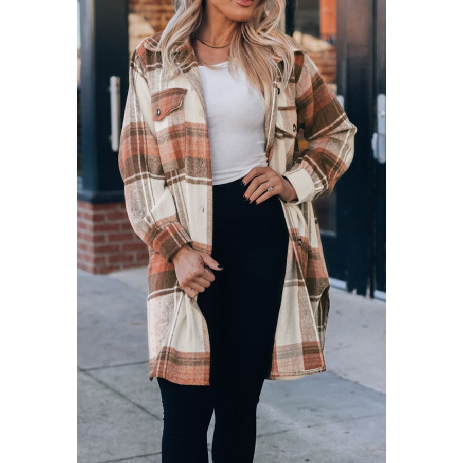 Pocketed Plaid Collared Neck Shacket Apparel and Accessories