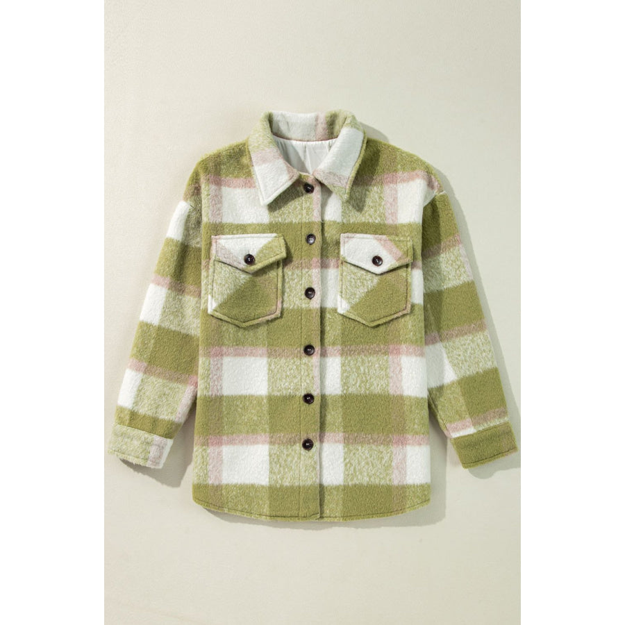 Pocketed Plaid Collared Neck Shacket Apparel and Accessories