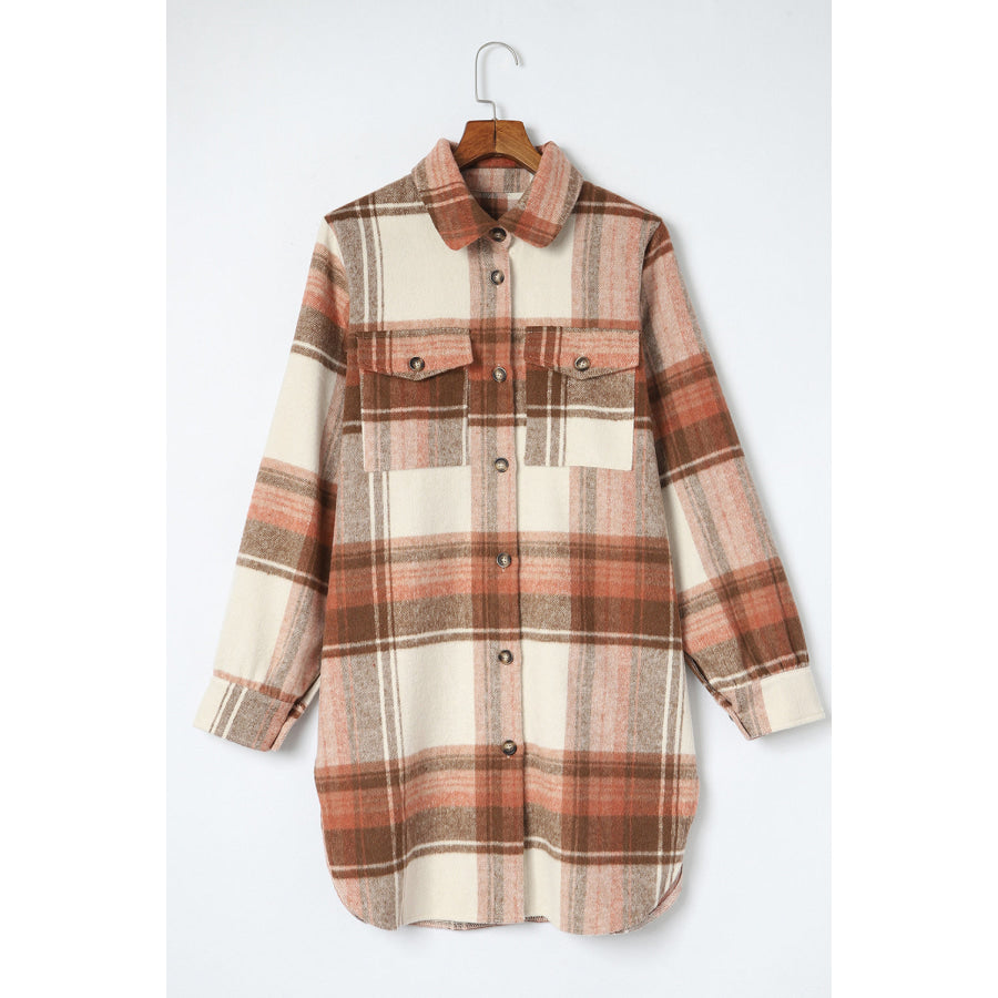 Pocketed Plaid Collared Neck Shacket Apparel and Accessories