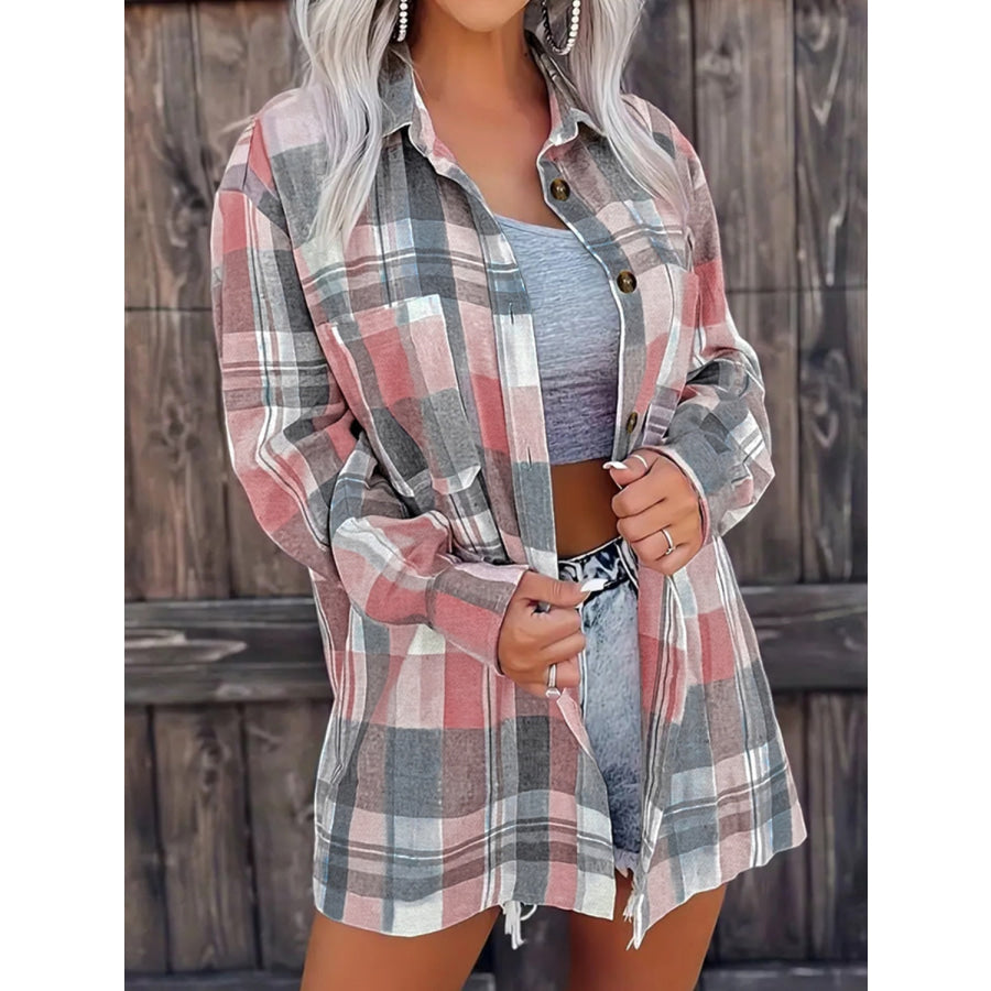 Pocketed Plaid Collared Neck Shacket Apparel and Accessories