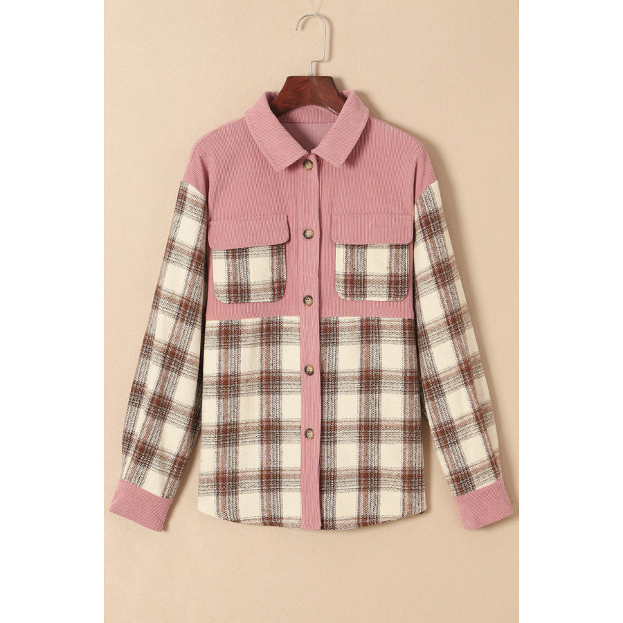 Pocketed Plaid Collared Neck Shacket Apparel and Accessories