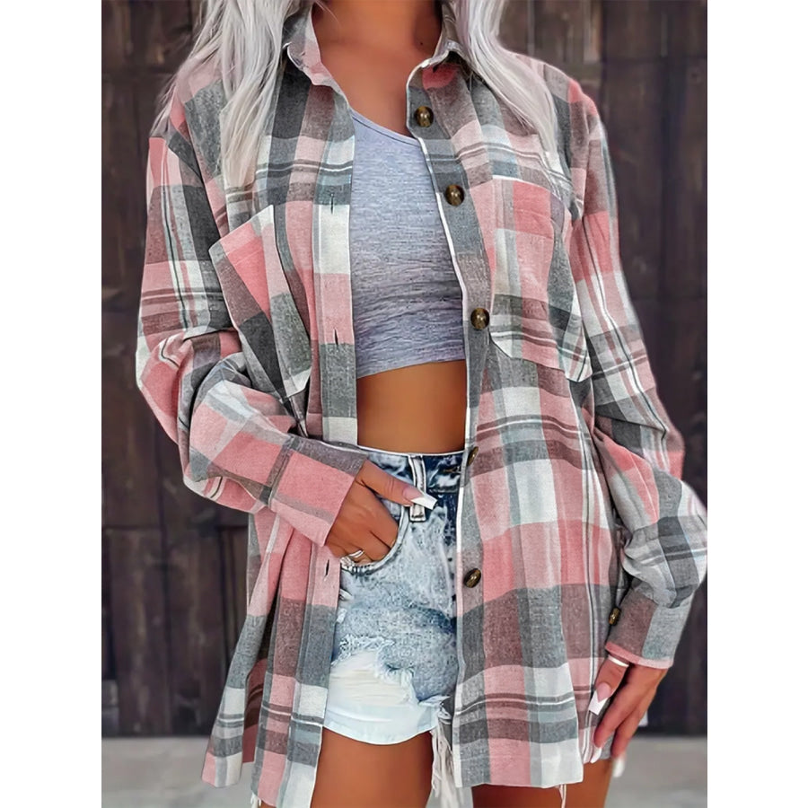 Pocketed Plaid Collared Neck Shacket Dusty Pink / S Apparel and Accessories