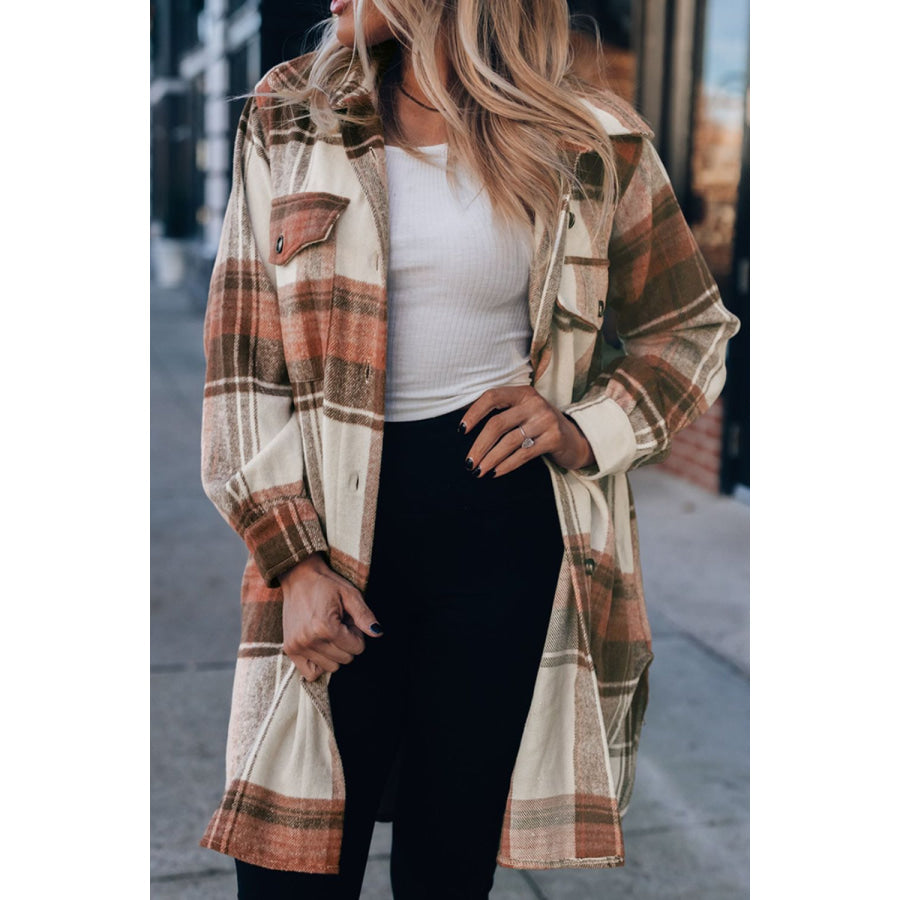 Pocketed Plaid Collared Neck Shacket Plaid / S Apparel and Accessories