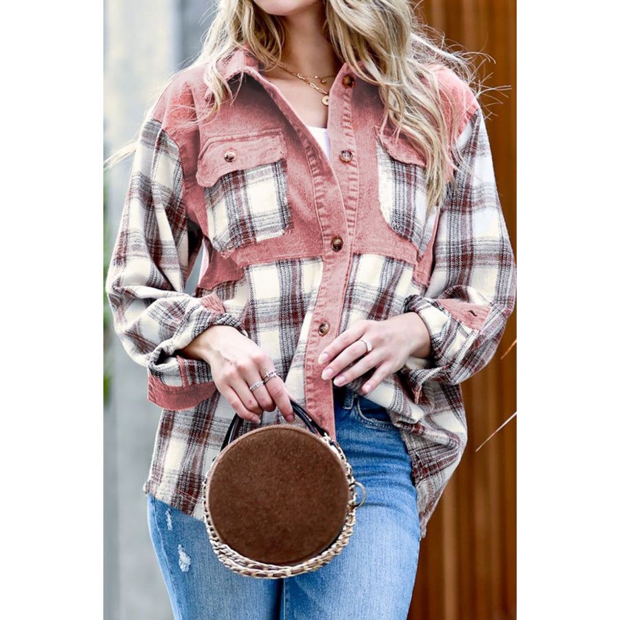 Pocketed Plaid Collared Neck Shacket Plaid / S Apparel and Accessories