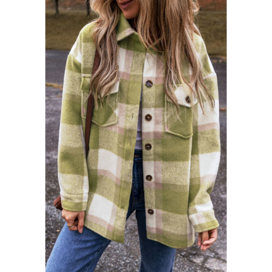 Pocketed Plaid Collared Neck Shacket Sage / S Apparel and Accessories