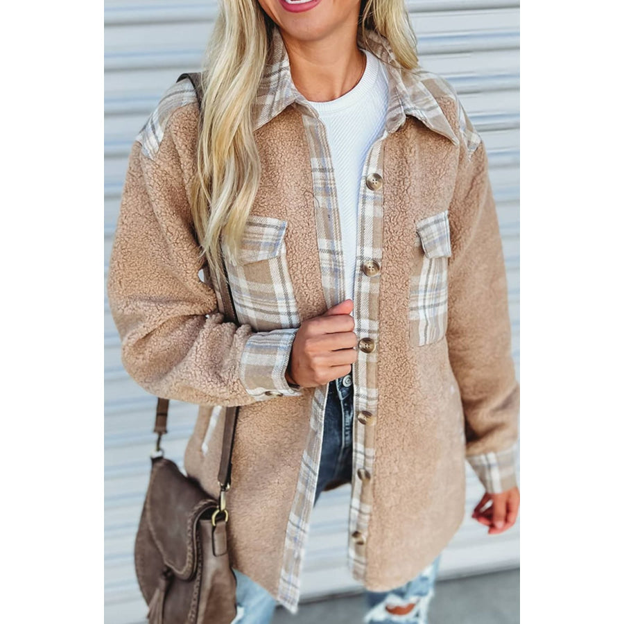 Pocketed Plaid Collared Neck Sherpa Jacket Apparel and Accessories