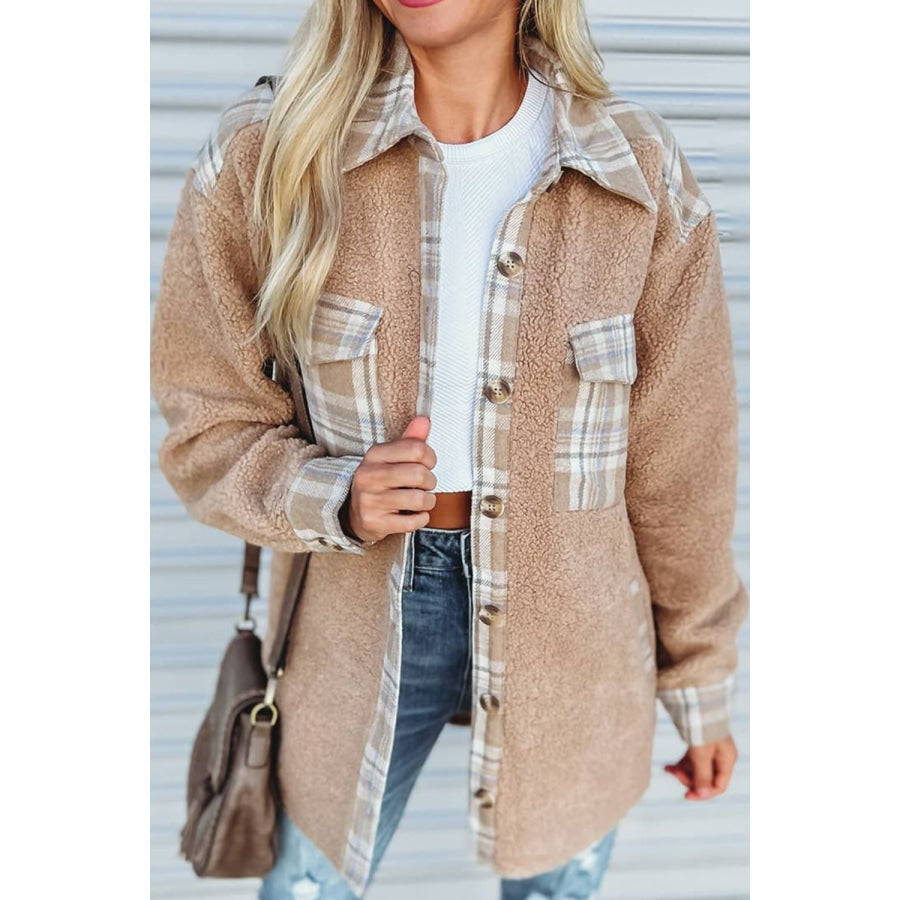 Pocketed Plaid Collared Neck Sherpa Jacket Tan / S Apparel and Accessories