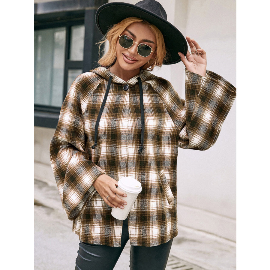 Pocketed Plaid Long Sleeve Hooded Jacket Apparel and Accessories