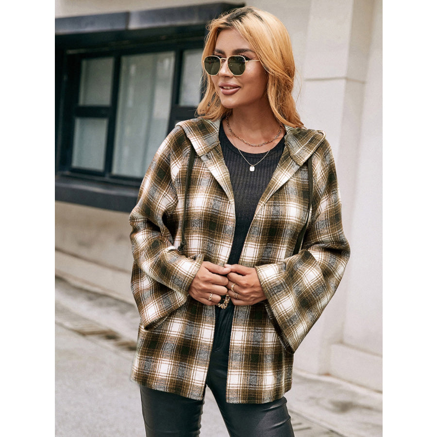 Pocketed Plaid Long Sleeve Hooded Jacket Apparel and Accessories