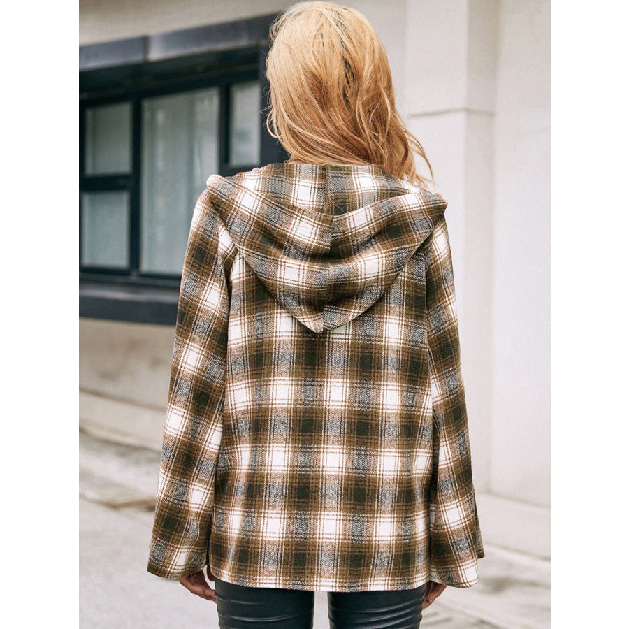 Pocketed Plaid Long Sleeve Hooded Jacket Apparel and Accessories