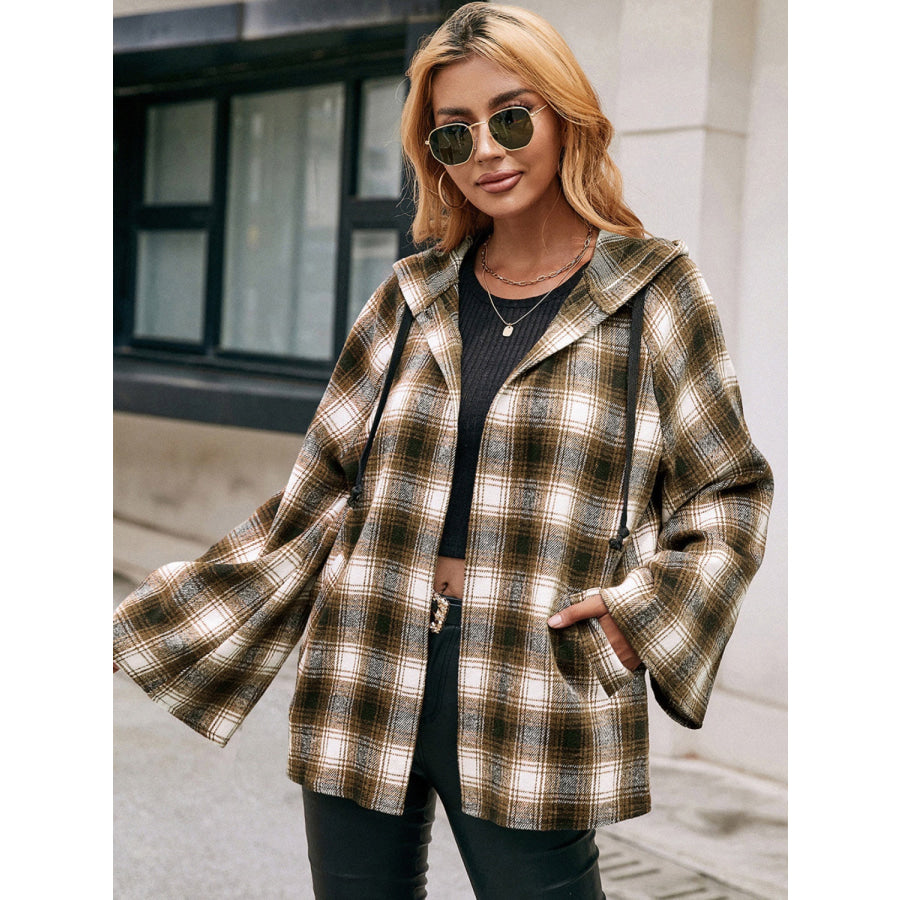 Pocketed Plaid Long Sleeve Hooded Jacket Apparel and Accessories