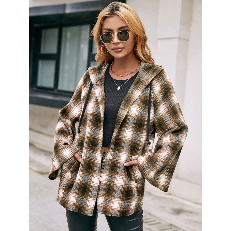 Pocketed Plaid Long Sleeve Hooded Jacket Camel / S Apparel and Accessories