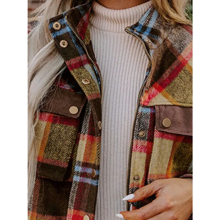 Pocketed Plaid Long Sleeve Jacket Apparel and Accessories