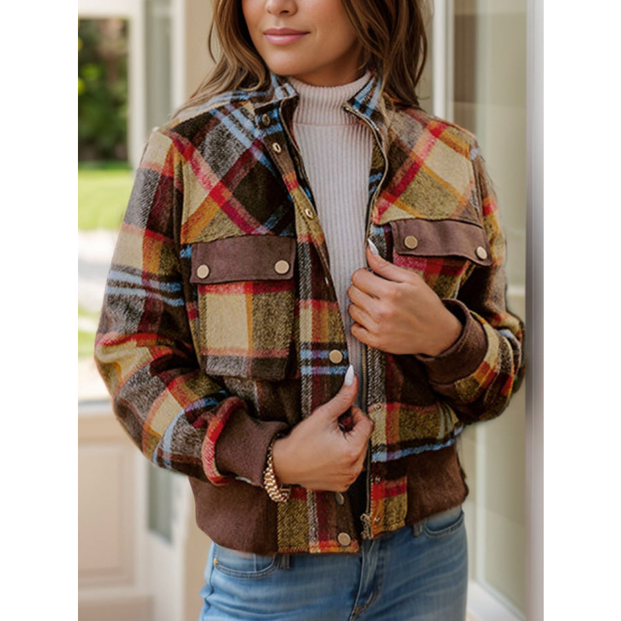 Pocketed Plaid Long Sleeve Jacket Plaid / S Apparel and Accessories