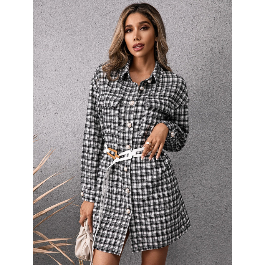 Pocketed Plaid Long Sleeve Mini Dress Apparel and Accessories