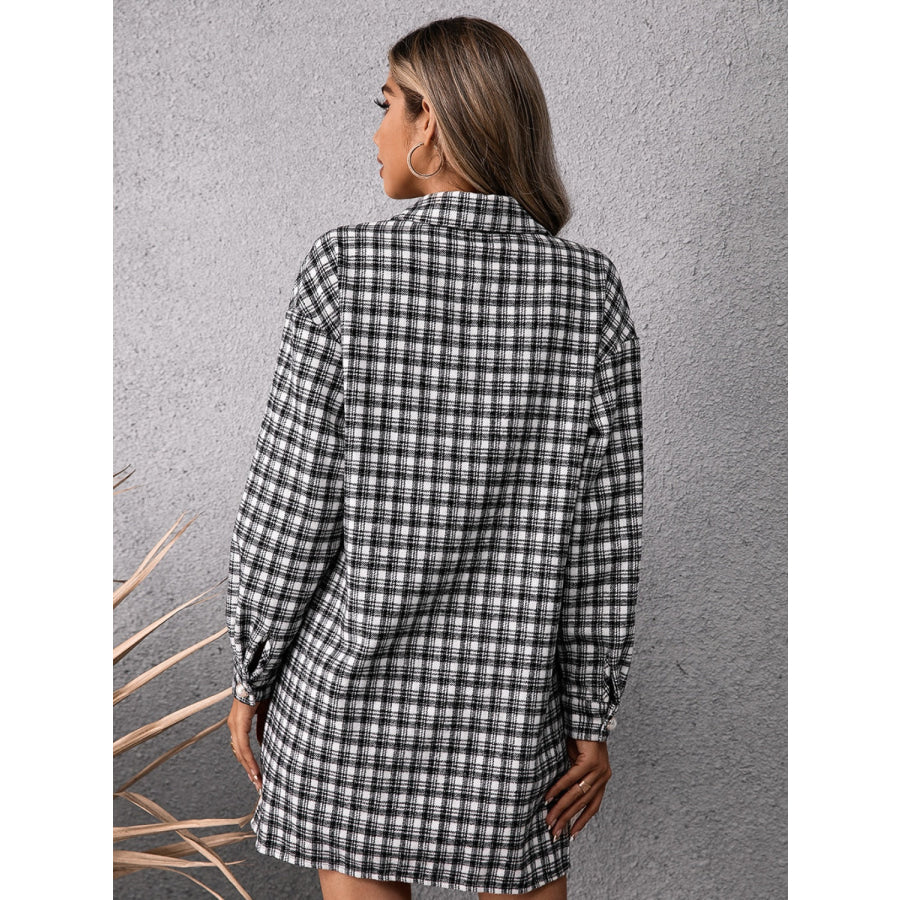 Pocketed Plaid Long Sleeve Mini Dress Apparel and Accessories