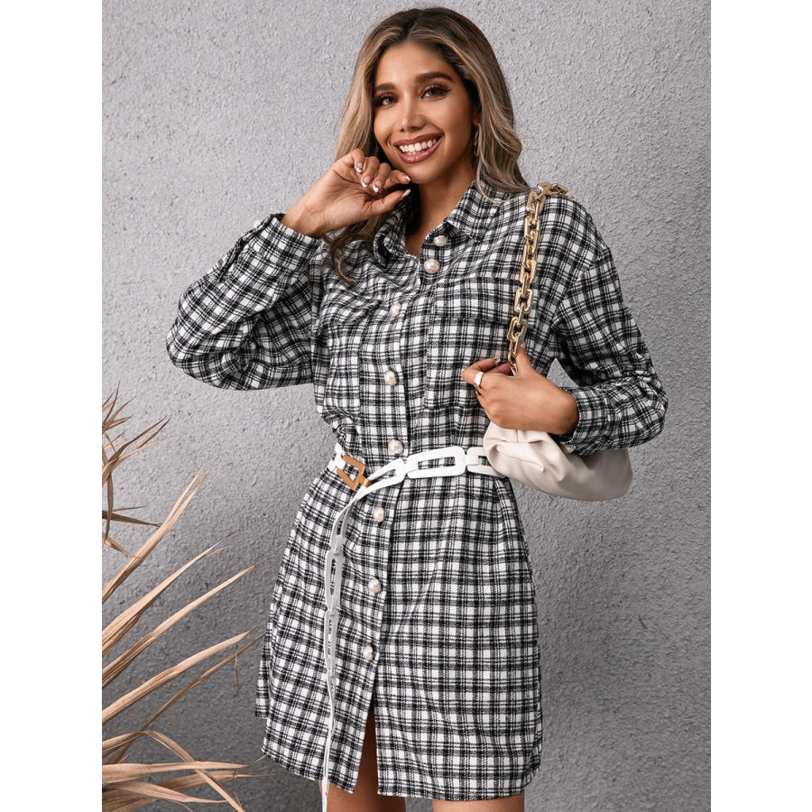 Pocketed Plaid Long Sleeve Mini Dress Apparel and Accessories