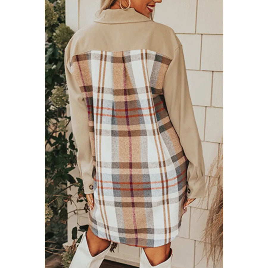 Pocketed Plaid Long Sleeve Mini Dress Tan / S Apparel and Accessories