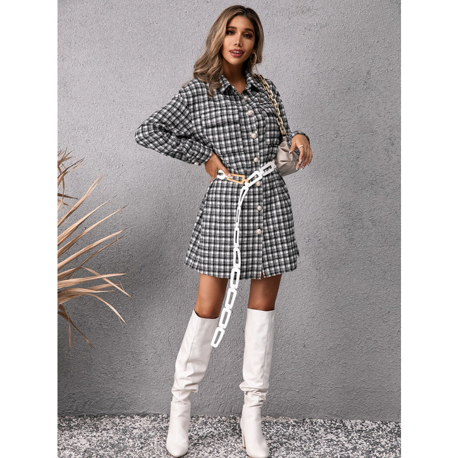 Pocketed Plaid Long Sleeve Mini Dress Apparel and Accessories