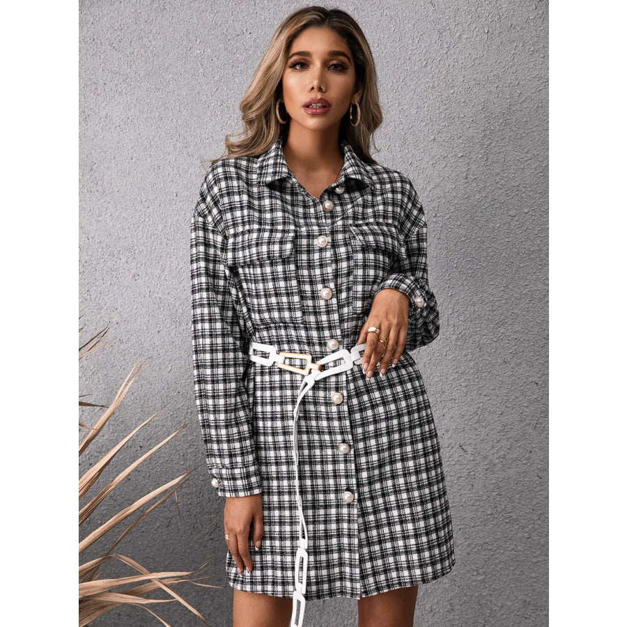 Pocketed Plaid Long Sleeve Mini Dress Black / S Apparel and Accessories