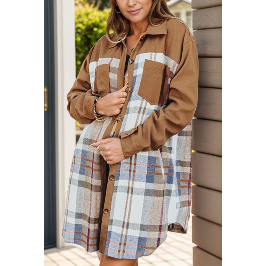 Pocketed Plaid Long Sleeve Mini Dress Caramel / S Apparel and Accessories