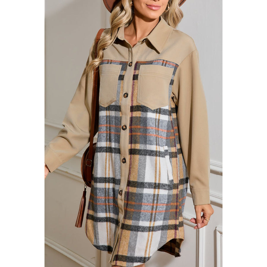 Pocketed Plaid Long Sleeve Mini Shirt Dress Khaki / S Apparel and Accessories