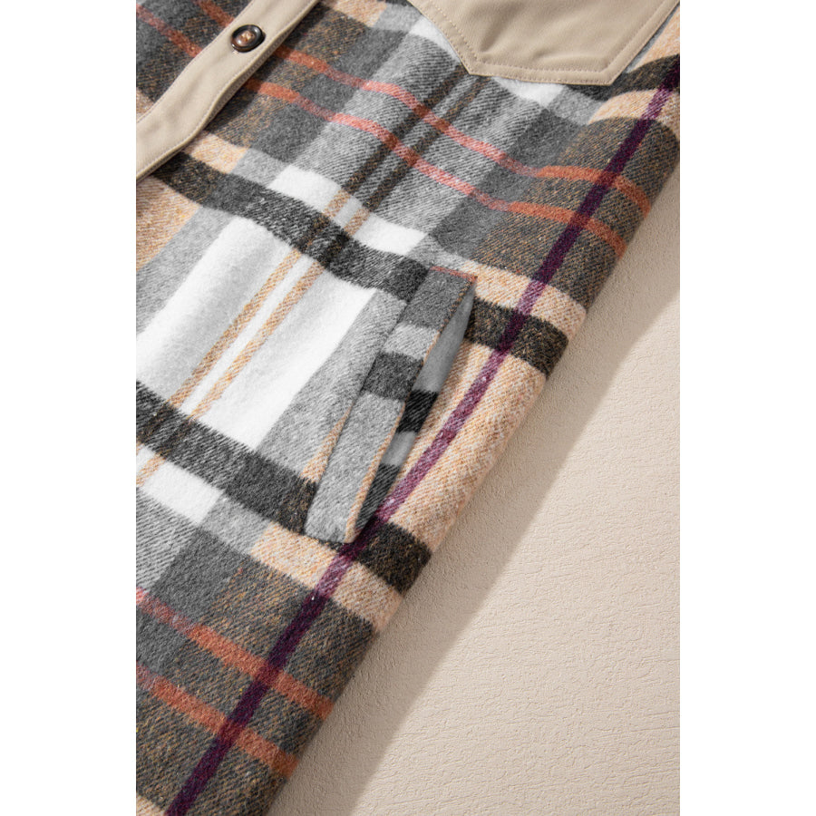 Pocketed Plaid Long Sleeve Mini Shirt Dress Apparel and Accessories