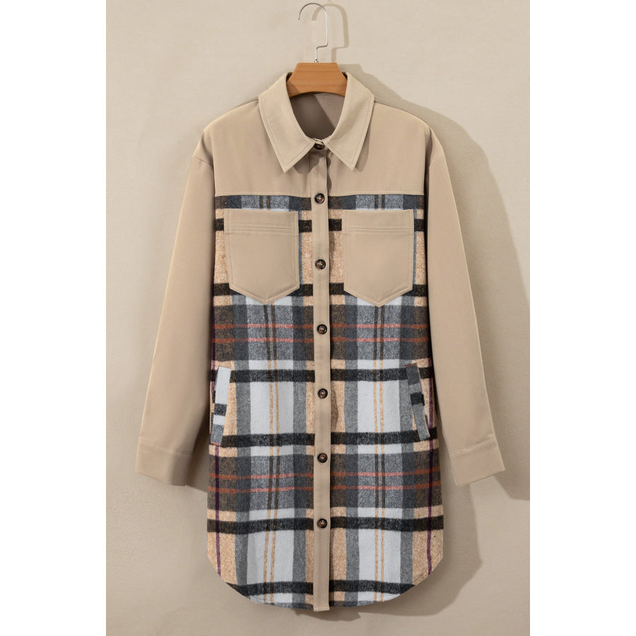 Pocketed Plaid Long Sleeve Mini Shirt Dress Apparel and Accessories