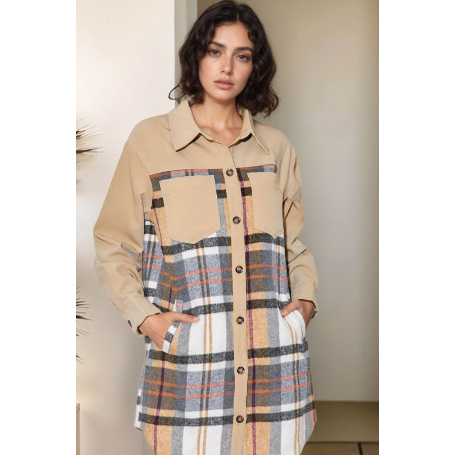 Pocketed Plaid Long Sleeve Mini Shirt Dress Khaki / S Apparel and Accessories