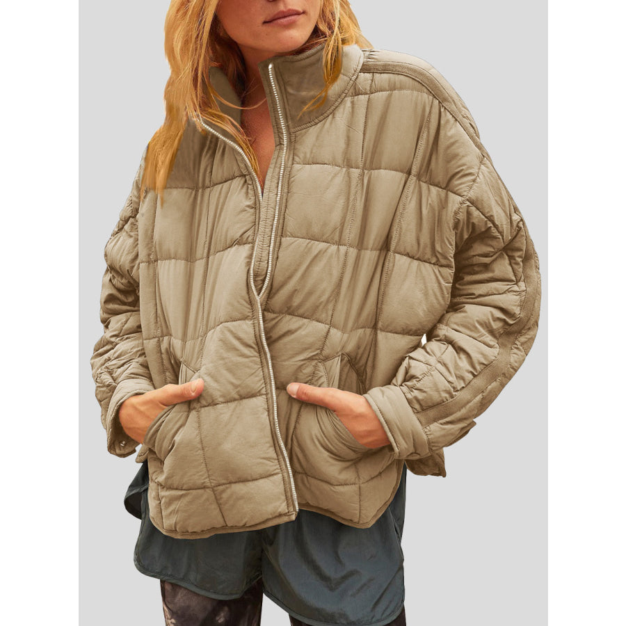 Pocketed Plaid Quilted Zip Up Winter Coat Camel / S Apparel and Accessories