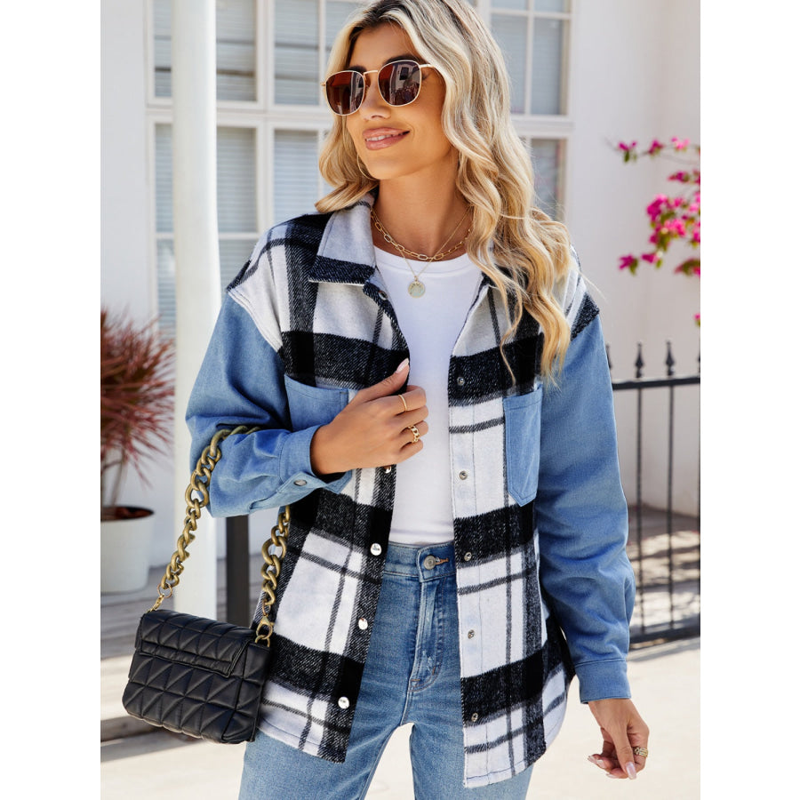 Pocketed Plaid Snap Down Denim Jacket Apparel and Accessories